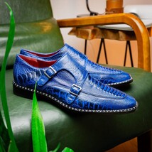 Genuine Ostrich Leg Double Monk Strap Shoes Napoli Electric Blue image 6