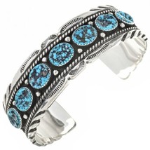 Native Navajo Natural Kingman Turquoise Row Bracelet Sterling Cuff sz6.5-8.5 - £466.11 GBP+