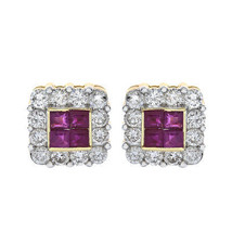 0.40 Carat Ruby &amp; 0.75 Carat Diamond Stud Earrings 14K Yellow Gold - £616.47 GBP