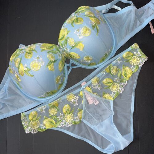 Primary image for Victoria's Secret 32DDD BRA SET M Panty BLUE YELLOW LEMON green EMBROIDERED