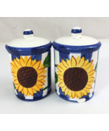 Vintage Sunflower Blue &amp; White Striped 3.75&quot; Salt &amp; Pepper Shakers - $13.56 CAD