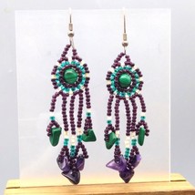 Vintage Gemstone Beaded Dangle Earrings, Native Style, Purple Amethyst, Green Ma - £87.13 GBP