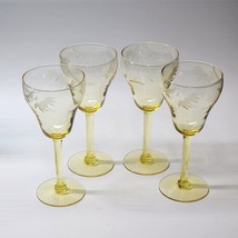 Antique &amp; Rare 1920S Lancaster Yellow Topaz Etched Floral Water Lily Wine Stems - £103.65 GBP
