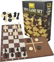 3 in 1 Traditional Retro Board Game Set Compendium Chess,Draughts,Tic Tac Toe - £11.83 GBP