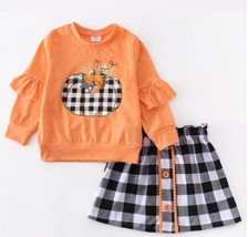 NEW Boutique Plaid Pumpkin Ruffle Sleeve Shirt &amp; Skirt Girls Outfit Set - £5.60 GBP+