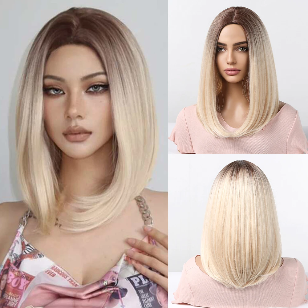Short Straight Synthetic Wigs Middle Part Ombre Blonde Bob Wigs for Women Dai - £17.39 GBP+