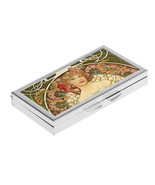 PILL BOX 7 Grid art nouveau MUCHA painting woman with flower Metal Case ... - $15.90