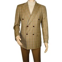 Men's Mono Double Breasted Blazer Super 180s Wool 1523-05 Camel Brown Plaid image 3