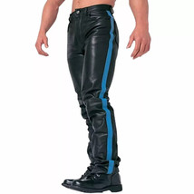 Men Real Sheepskin Black Leather Blue Strap Stylish Biker Pant Motorbike Trouser - £84.00 GBP+