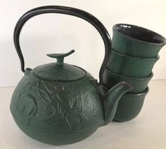 Japanese Teapot w/ Lid &amp; 4 Cups &quot;TETSUBIN&quot; (Green Cast-Iron) Joyce Chen Set - £98.61 GBP