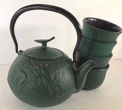 Japanese Teapot w/ Lid &amp; 4 Cups &quot;TETSUBIN&quot; (Green Cast-Iron) Joyce Chen Set - £98.79 GBP