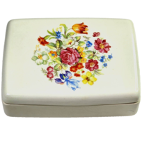 Vintage Bone China Spring Colorful Floral White Lidded Trinket Box 5x3.5in - £15.46 GBP