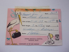 Vintage Gerber Memorial Hospital Fremont MI Baby Announcement 1958  - $2.99