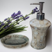 Capiz Shell Mosaic Soap Dispenser Set Of 2 Dish Mother Of Pearl Glass Bathroom  - £34.45 GBP