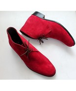 Handmade Men Red Color Chukka Lace Up Suede Leather Boots - £117.15 GBP