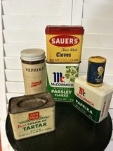 Lot of 6 Spice metal tins jar box Farmhouse kitchen 60s 70s 80s Morton s... - $23.76