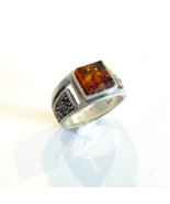 Genuine 925 Sterling Silver Amber Ring Vintage Style Square Bezel Marcas... - £20.16 GBP