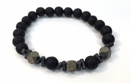 Black Lava Bead &amp; Semi-Precious Stone Stretch Bracelet - £15.98 GBP