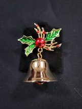 Vintage gold tone Christmas holly Bell rhinestone brooch pin 2”.  With R... - $22.72 CAD