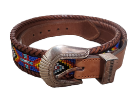 Vintage 1991 Belt 65503 Sz 28&#39; Brown Leather Brass Indian Aztec Beaded Colorful - £23.17 GBP