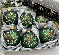 Set of 6 green Christmas glass balls, hand painted ornaments with gifted... - $71.25