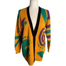 Vintage 90s Knit Cardigan Sweater S Yellow Geometric Buttons V Neck Long... - £40.94 GBP