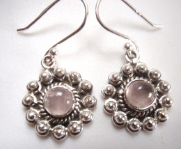 Round Rose Quartz Flower Style 925 Sterling Silver Dangle Earrings - £14.84 GBP