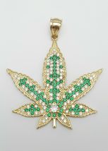 925 Silver Gold Plated Round 1.50 CT Emerald &amp; Simulated Diamond Leaf Pendant - £75.17 GBP