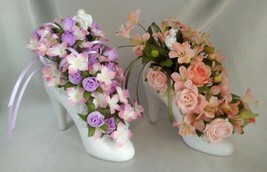 Lot (2) High Heeled Shoe Floral Arrangements w/ Cherubs (Pink/Purple &amp; Peach) - £39.20 GBP