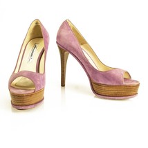 Brian Atwood Pink Purple Suede Open Toe Pumps Slim High Wooden Heels Sho... - $163.35