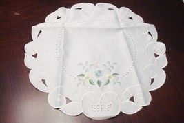 Floral doily, white, white silk embroidered, pale blue flowers, round 14... - $19.80