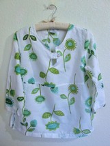 Hot Cotton Top S Blue Green Flower Print Linen Blend 3/4 Sleeves Button Tab - $23.99