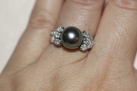 14K White Gold Black 9.5mm Cultured Black Pearl Diamond Cocktail Ring Size 7 - £740.28 GBP