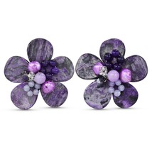 Cute Tropical Flower Purple Jasper, Agate, Crystal, and Pearl Clip-On Earrings - £12.65 GBP