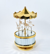 Humming Birds Mirrored Glass Carousel Music Box Clear &amp; Gold Works 8&quot; Tall - £19.97 GBP