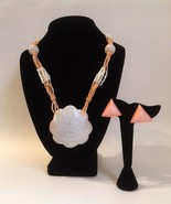 Shell Necklace Earring Set Pendant Pink Off White Beaded Triangle Post Handmade - $60.00