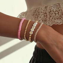 Pink Polymer Clay &amp; Acrylic 18K Gold-Plated &#39;Mama&#39; Beaded Stretch Bracelet Set - £12.04 GBP