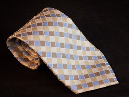 Men&#39;s Tie Geoffery Beene 58&quot; Stain Resistant Creme Brown And Blue Checkered - £6.26 GBP