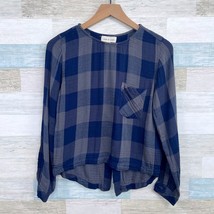 Cloth &amp; Stone Plaid Lace Up Back Top Blue Gray Gauze Knit Cotton Blend Womens XS - £19.47 GBP