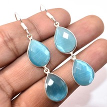 Blue Cat&#39;s Eye Pear Gemstone Handmade Fashion Earrings Jewelry 2.20&quot; SA 3381 - £5.17 GBP