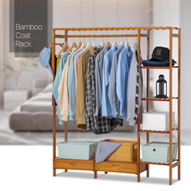 48&quot;Brown Bamboo[Garment Rail+Pant Holder+Dual Drawers]Closet W/Coat Hang... - $130.99