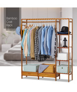 48&quot;Brown Bamboo[Garment Rail+Pant Holder+Dual Drawers]Closet W/Coat Hang... - £111.40 GBP