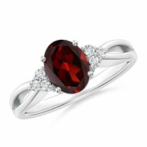 ANGARA Solitaire Oval Garnet Split Shank Ring with Trio Diamonds - £778.86 GBP