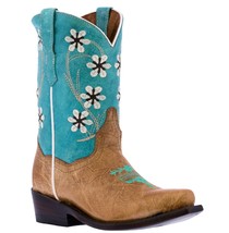 Kids Western Boots Flower Embroidered Distressed Leather Teal Snip Toe Botas - £41.75 GBP