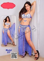 Blue Tulle 2 Pieces Dancing Dress Belly Dance Costume Pearl Embroidered Bra - £40.99 GBP