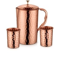 copper water dispenser jug 2 quarts pitcher hammered with glasses - $55.41