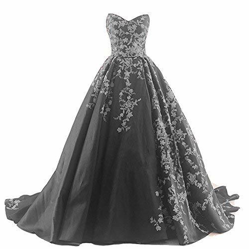 An item in the Fashion category: Kivary Gothic Black Satin and Gray Lace V Neck A Line Long Prom Wedding Dresses 