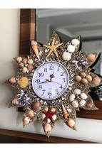 Wooden Wall Clock , Sea Shells Ornament Handmade Clock Quartz Brand Sile... - $46.54