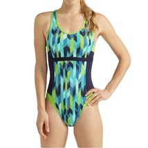 LL Bean Swim Tanksuit Size 8 Navy Blue Green Racerback Geometric Sporty ... - $33.65