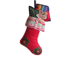 Vtg 1983 Hallmark Christmas Ornament Plush Stocking Lace Rainbow Bear Candy Cane - £7.78 GBP